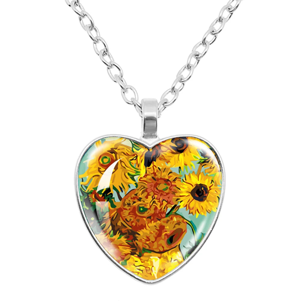 Van Gogh's Starry Sunflower Glass Necklace