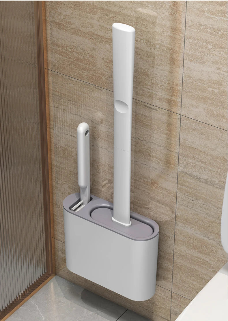 Wall Mounted Toilet Brush Holder with Long Handle Silicone Waterproof Quick Dry