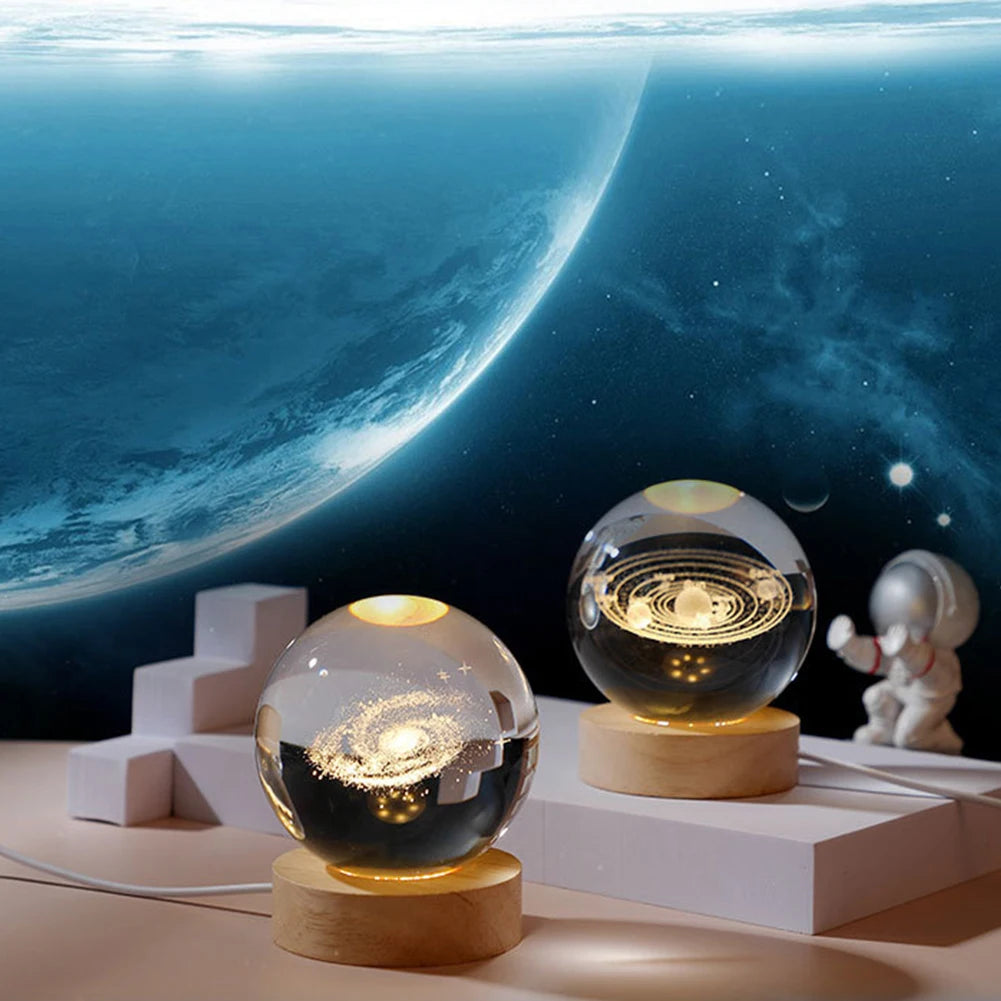 3D Crystal Ball Lamp with Galaxy and Planets Projections