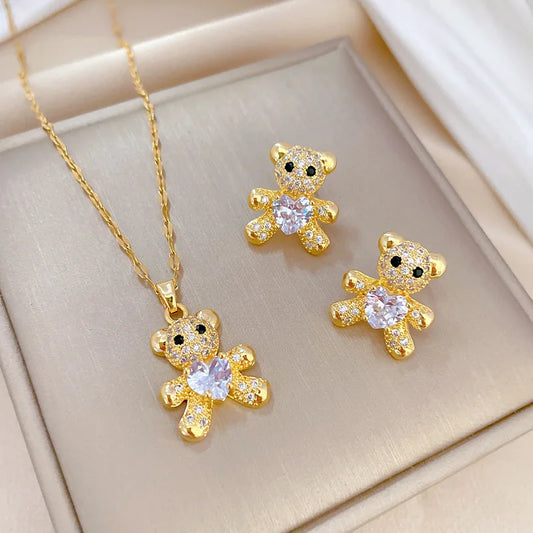 Cute Bear Necklace with Rhinestones