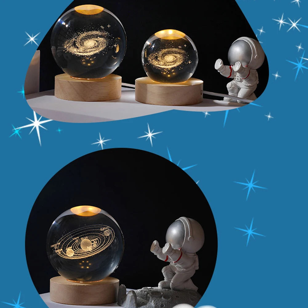 3D Crystal Ball Lamp with Galaxy and Planets Projections