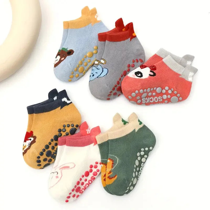 6 Pairs Cartoon Animal Pattern Anti-Slip Cotton Socks for Kids