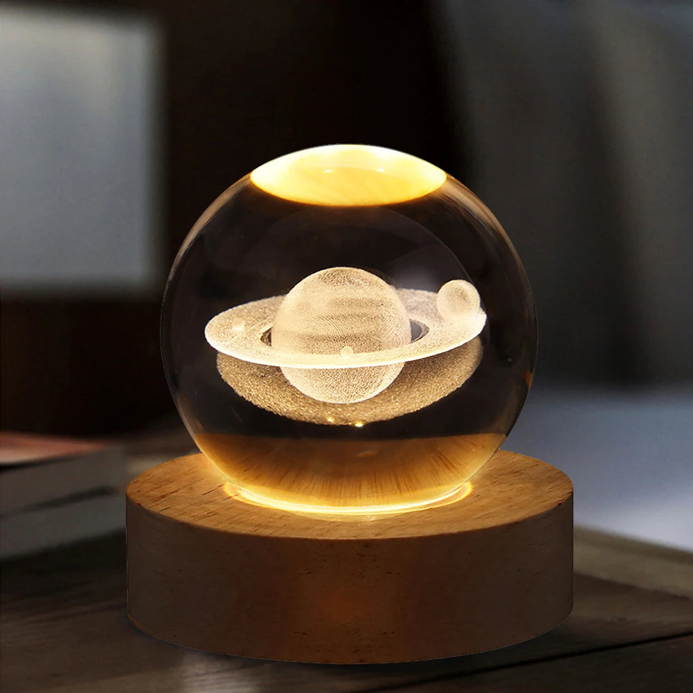 3D Crystal Ball Lamp with Galaxy and Planets Projections