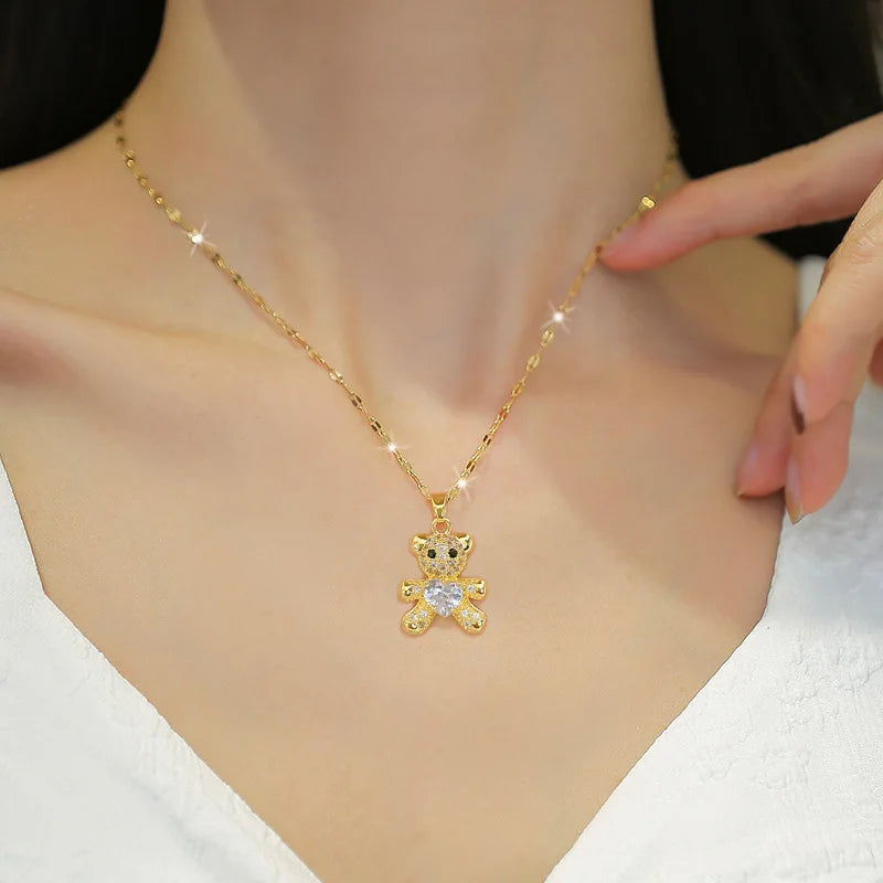 Cute Bear Necklace with Rhinestones