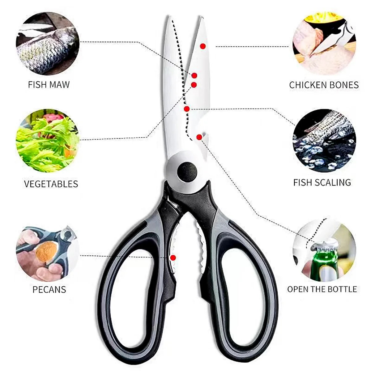 Multifunctional Kitchen Scissors with Plastic Handle and Stainless Steel Scissors