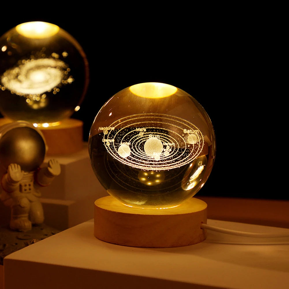 3D Crystal Ball Lamp with Galaxy and Planets Projections