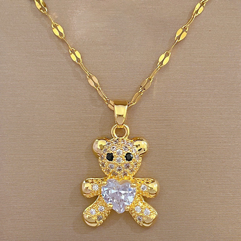 Cute Bear Necklace with Rhinestones