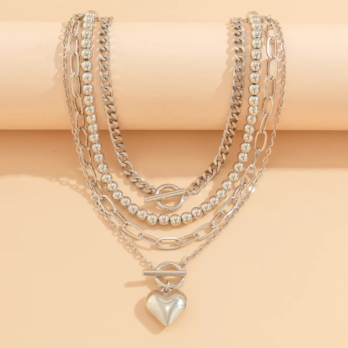 Multilayer Heart Necklace with Large Bead Chain