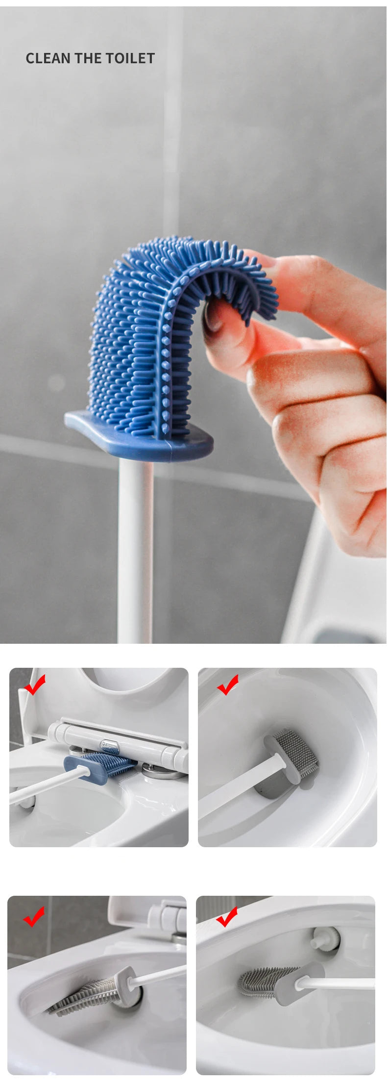 Wall Mounted Toilet Brush Holder with Long Handle Silicone Waterproof Quick Dry