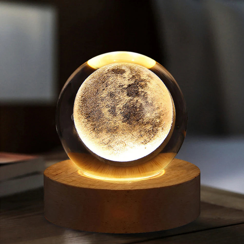 3D Crystal Ball Lamp with Galaxy and Planets Projections