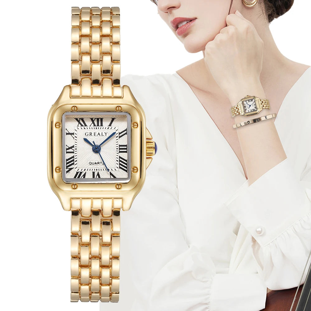 Women's Square Watch with Gold Alloy Strap